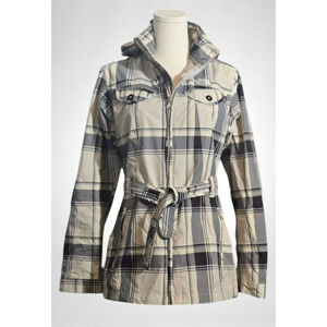 The North Face Women's Size S/P Soft Shell Hooded Jacket Belt Gray White Plaid